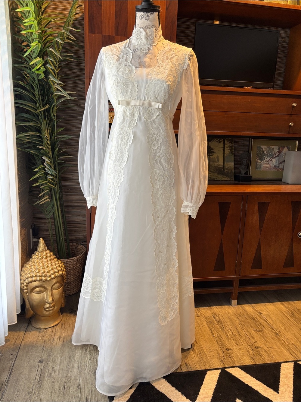 Vintage White Lace Maxi Dress bridal gown organza sheer garden party wedding